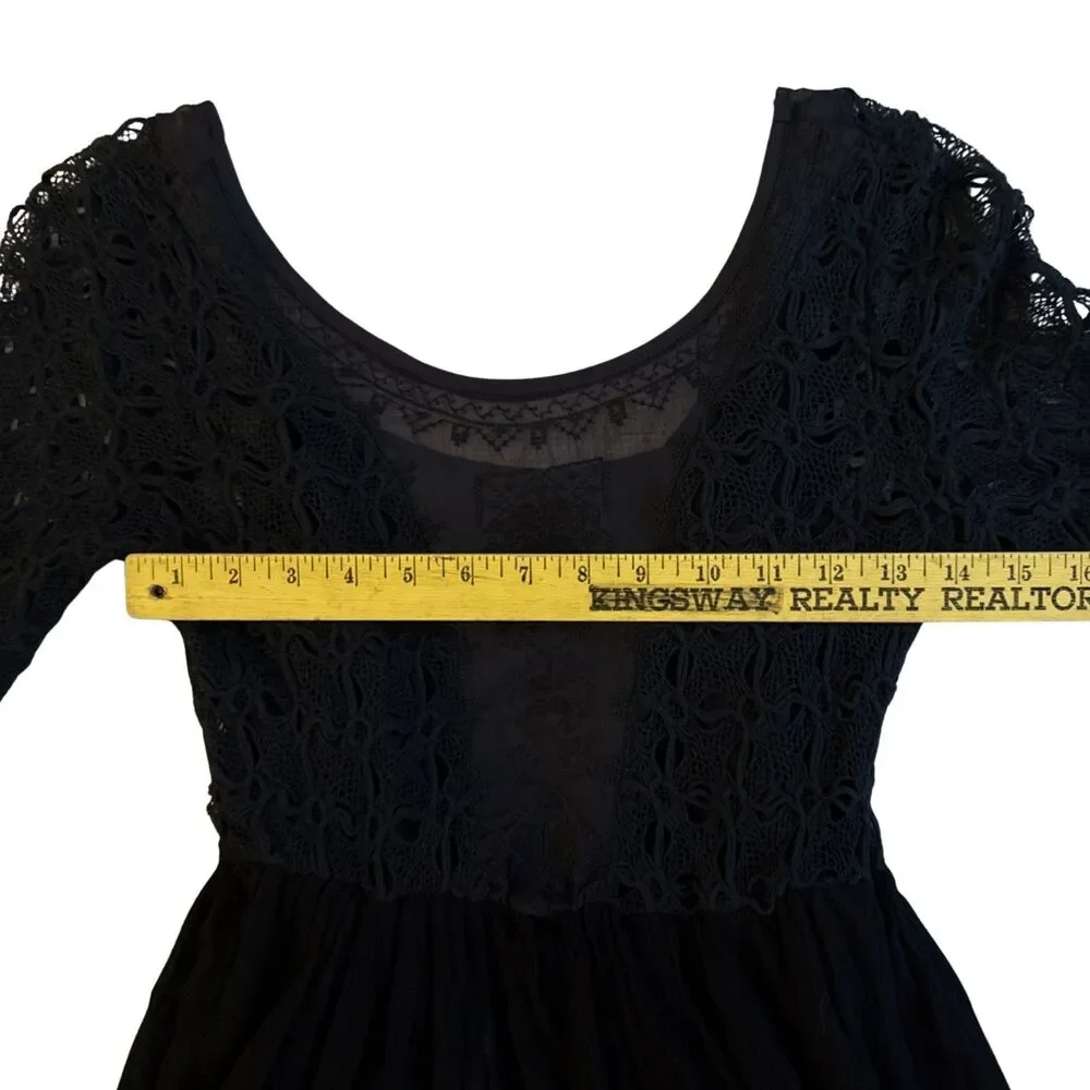 Free People Lonesome Dove Midi Dress Size 6 Black Crochet Knit Lace Whimsigoth